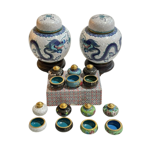 184 - Pair Cloisonné dragon ginger jars and covers with stands, 19cm, together with fourteen Cloisonné cru... 