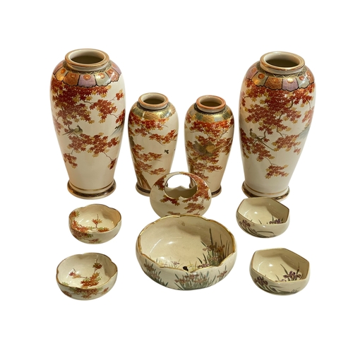 185 - Collection of Satsuma comprising two pair of vases, moon basket and five bowls (10).