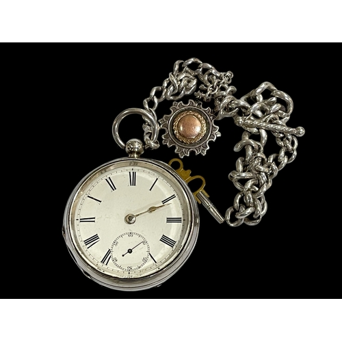 222 - Am Watch Co, Waltham, Mass gents pocket watch with Birmingham 1887 hallmarked case and silver albert... 