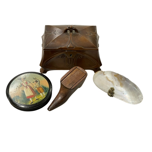 237 - Treen shoe snuff box, papier mache box, shell purse and a casket (4).