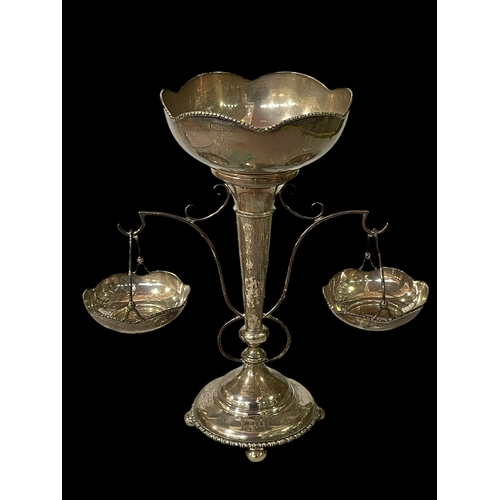 242 - Chester hallmarked silver epergne with elevated bowl and hanging baskets, dated 1915, 32cm.