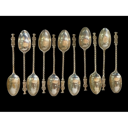 246 - Eleven silver apostle teaspoons, London 1904, and silver dish, London 1958.