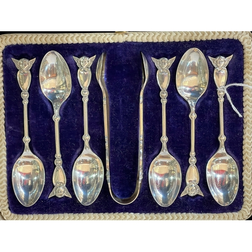 265 - Cased set of six angel teaspoons and pair tongs, Sheffield 1907.