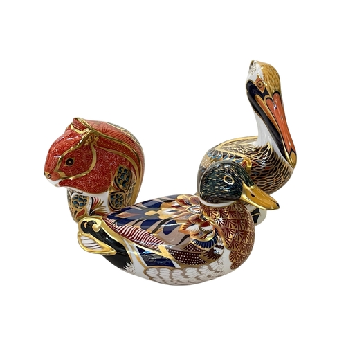 279 - Three Royal Crown Derby paperweights, duck, squirrel and pelican.