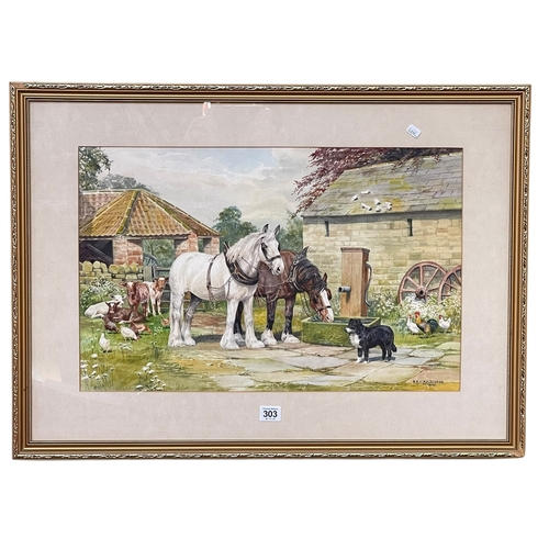 303 - DM & EM Alderson, Shire Horses Watering, watercolour, signed and dated 1975 lower right, 36cm by 56c... 