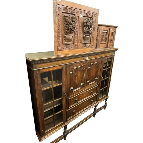 323 - Early 20th Century oak Jacobean style bureau centre cabinet and two small carved oak corner wall cab... 