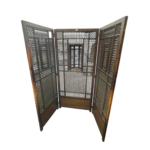 326 - Indian hardwood three fold confessional screen, 167.5cm.