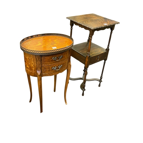 327 - Continental inlaid oval two drawer pedestal and early 20th Century oak night stand (2).