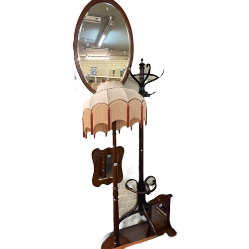 336 - Bentwood flat back hat and coat stand, turned column standard lamp and shade, mirror-wall shelf and ... 