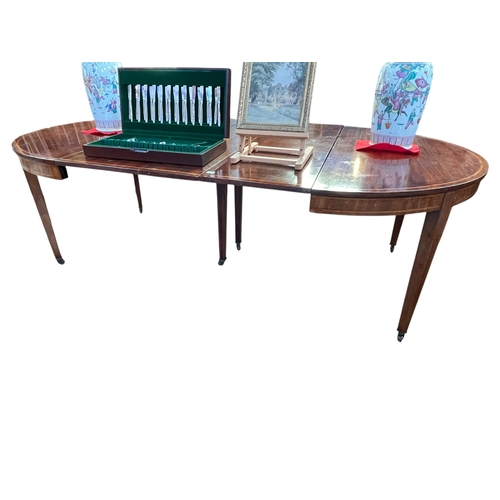 371 - Georgian mahogany and satinwood banded oval extending dining table and two leaves, 78cm by 250cm by ... 