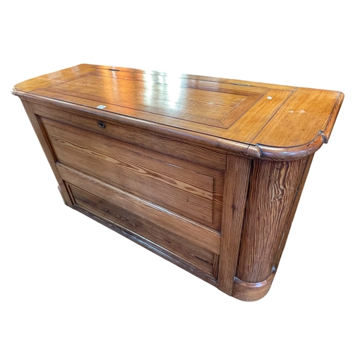 377 - Victorian pitch pine bedding box with base drawer, 79cm by 149cm by 54cm.