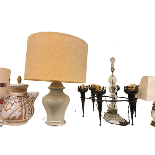 83 - Three standard lamps and shades, collection of table lamps, ceiling candle light and cushion.