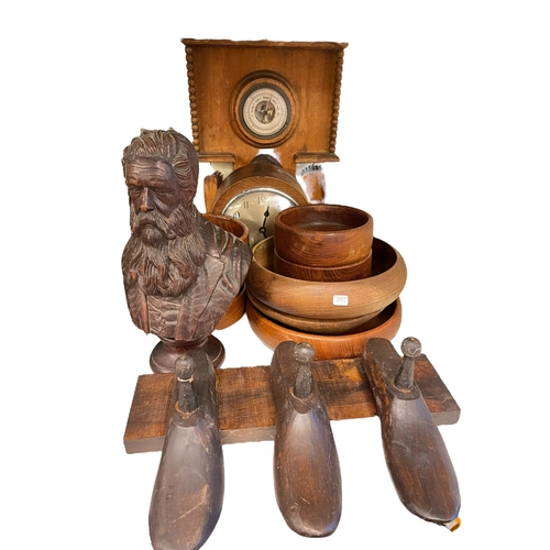 84 - Carved wood bust, mantel clock, barometer, wooden bowls, large collection of glassware, etc.