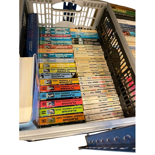 89 - Seven boxes of mostly cricket related books including some signed, Wisden's, player cricket annuals.