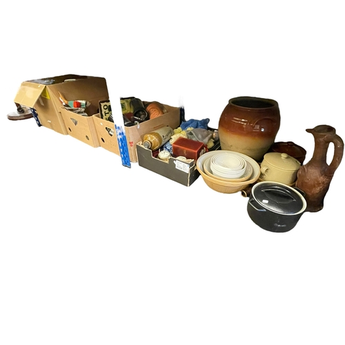 90 - Large kitchen crock, mixing bowls, stone bottle, storage jars, cutlery, kitchenalia, etc.