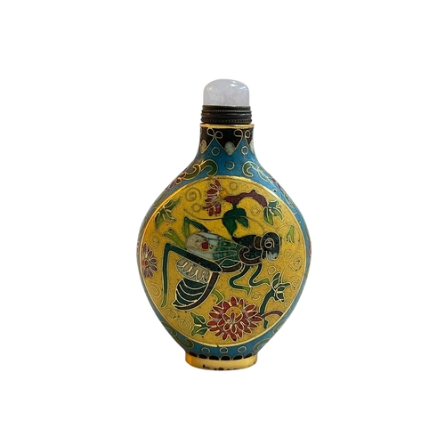 106 - Cloisonné snuff bottle with impressed mark to base decorated with grasshopper and floral design, 8.5... 