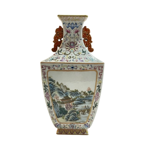 109 - Chinese pottery twin handled vase decorated with landscape panels, verse and floral design, Qianlong... 