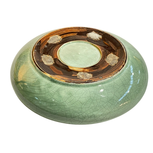 116 - Chinese green crackled glaze brush washer with inward folding rim, 21cm.