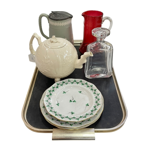 13 - Orrefors glass decanter, ruby glass jug, relief jug, three Herend plates and teapot.