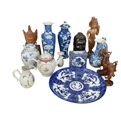 16 - Collection of Chinese pottery including prunus vases, charger, teapot, ginger jar, wood carvings, et... 