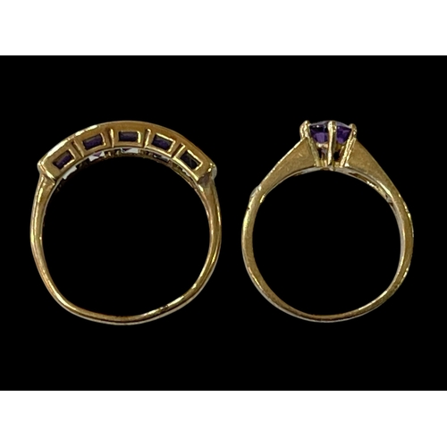 176 - Two 9 carat gold and amethyst set rings, sizes Q & L.