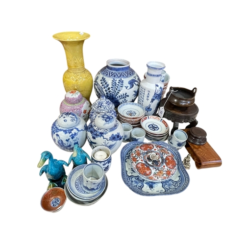 18 - Collection of Chinese pottery including vases, ginger jars, saucer dishes, rice dishes, bronze censo... 