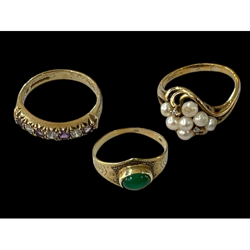 182 - 14 carat gold green stone ring, 9 carat gold and pearl ring and 9 carat gold, amethyst and white sto... 