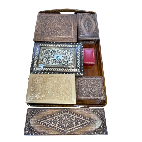 21 - Carved wood boxes, Middle Eastern inlaid box, assorted jewellery, etc.