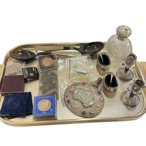 3 - Silver topped scent bottle, pair of silver salts, salad servers, pair of candlesticks, coins and ban... 