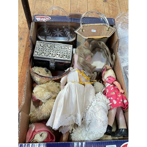 31 - Dolls and teddy, linens, war papers, postcards, evening bag, etc.