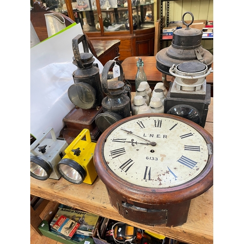 37 - Collection of railway interest including 'LNER 6133' marked clock, railway lamps, telephone, ceramic... 