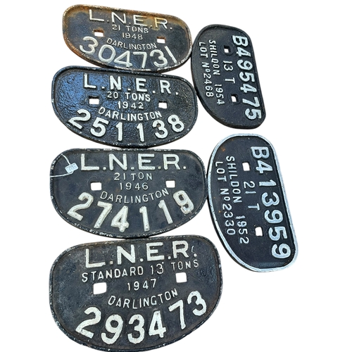 39 - Six cast iron railway signs including Darlington and Shildon interest.