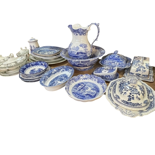 50 - Collection of Spode blue and white pottery, early Victorian meat plates, etc.