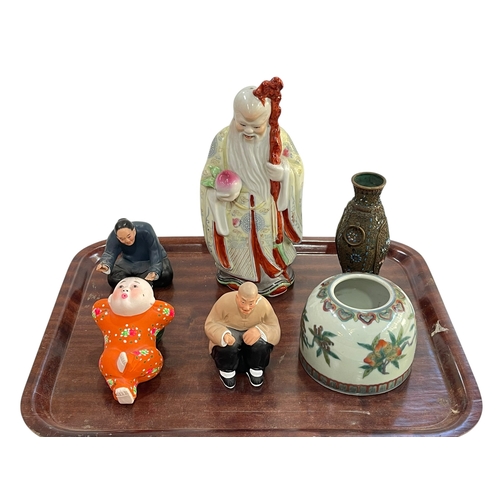 6 - Chinese brush pot, metal vase and four figures.