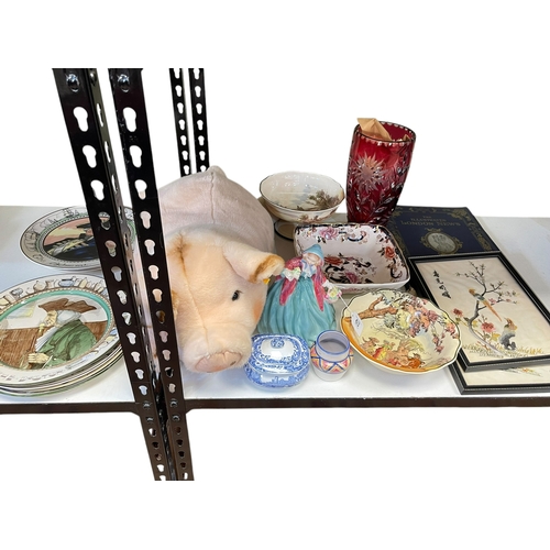 63 - Steiff Pig, Royal Doulton plates, Masons Mandalay, embroidered Oriental pictures, etc.