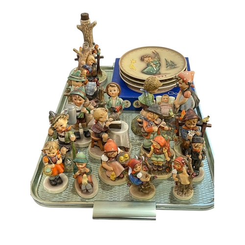 9 - Hummel lamp, three plates and collection of figures.