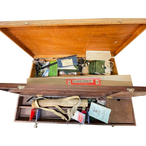 100 - Collection of archery items including bow, two boxes of arrows, two wood cases and accessories.