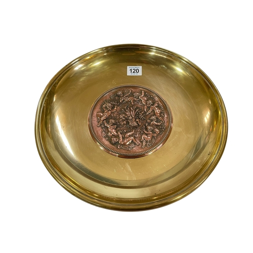 120 - Large 19th Century copper and brass pedestal dish with circling cherub design, 33cm diameter.