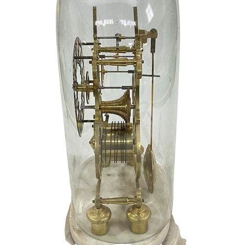 123 - 19th Century brass skeleton clock with fusee movement and silvered dial under glass dome on marble b... 