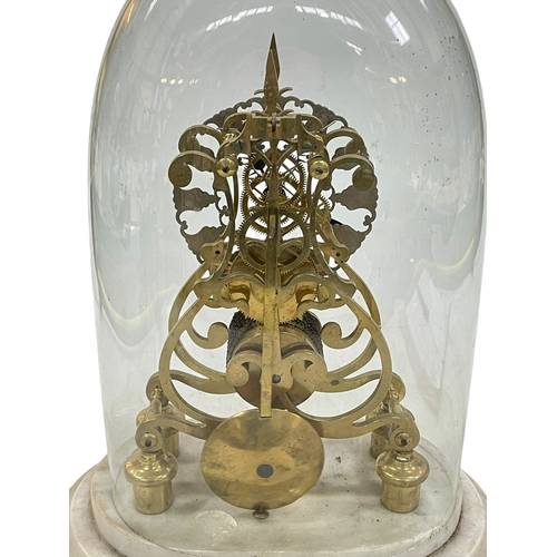 123 - 19th Century brass skeleton clock with fusee movement and silvered dial under glass dome on marble b... 