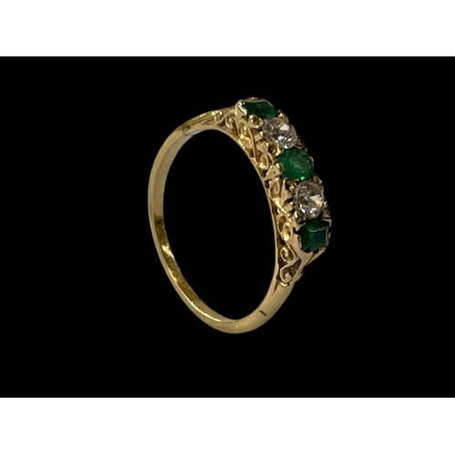 142 - Emerald and diamond five stone gold ring, circa 1900, size N/O.