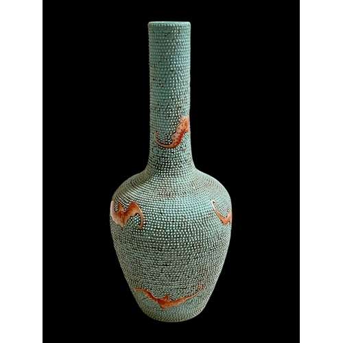 251 - Chinese bat on blue ground bottle vase, iron red seal mark, 21cm.