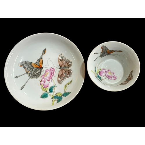 253 - Chinese tea bowl and saucer, well painted with butterflies and flower.