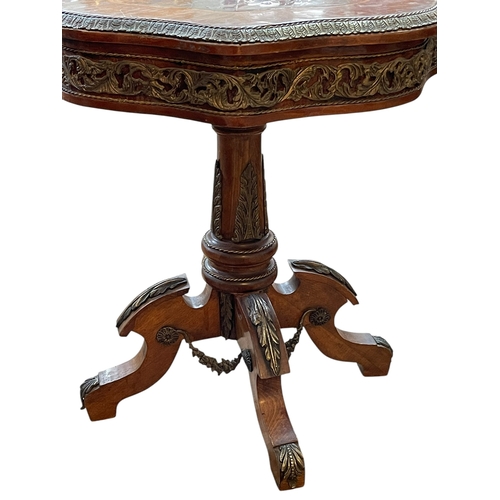 320 - French circular shaped top and brass mounted pedestal occasional table, 76cm by 71cm.