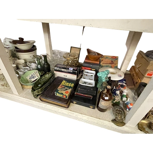 87 - Full shelf of teaware, glass, Sylvac dog, collectables, vintage reel to reel tape recorder, cameras,... 