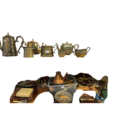 91 - Full shelf of metalwares including Liberty pewter tea set, cutlery, two tea sets, 19th Century tea c... 