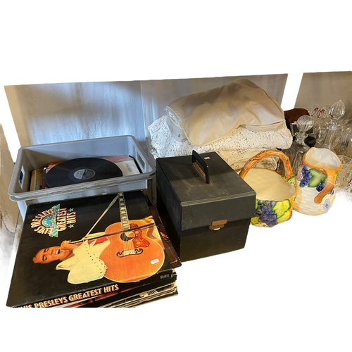 92 - Collection of LP and single records, linens, glass and china, pictures, etc.