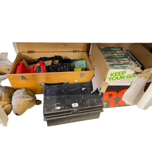 97 - Collection of vintage toys and games, teddy bears, dolls, Giles books, marbles, bible, model railway... 