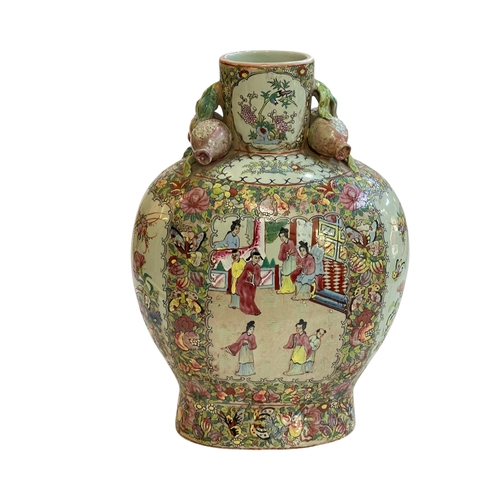 112 - Large Cantonese 19th Century flask shaped vase decorated with figures in panels surrounded by flower... 