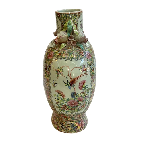 112 - Large Cantonese 19th Century flask shaped vase decorated with figures in panels surrounded by flower... 